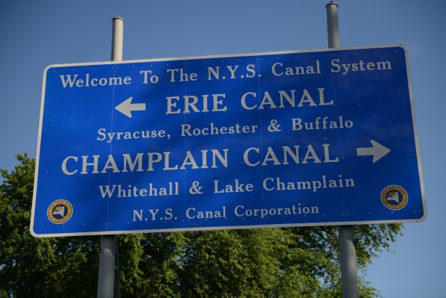 This sign, one of the few on the waterways, marks the point where the Erie Canal joins the Hudson River.  We turned to port.