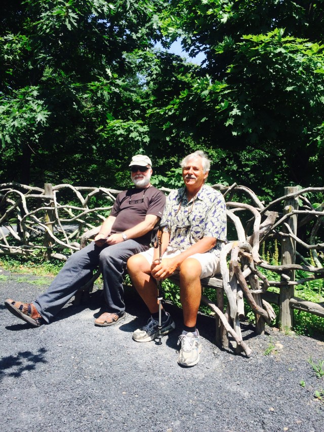 Paul and Bob resting on a bench designed by Frederic Church.