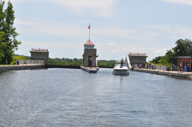 A boat leaving the Peterborough Lock