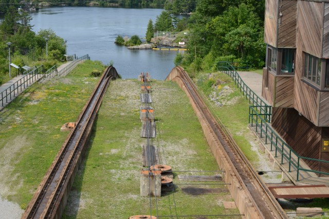 The view from the tip of the bow as Arkansas Traveler rides the rail down the chute and into the Severn River