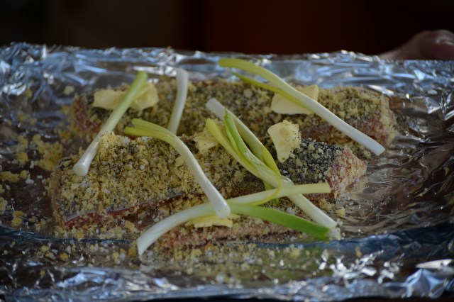 The last meal from the trout: rolled in panko and crushed vinegar & salt potato chips; baked at 350 degrees until just slightly flaked